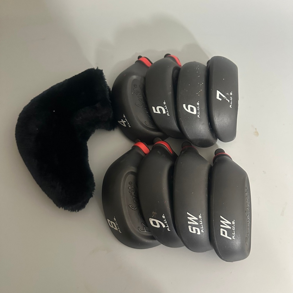 Face Saver Plus Golf Iron Headcovers Set 4-9 SW PW Black with Putter Cover